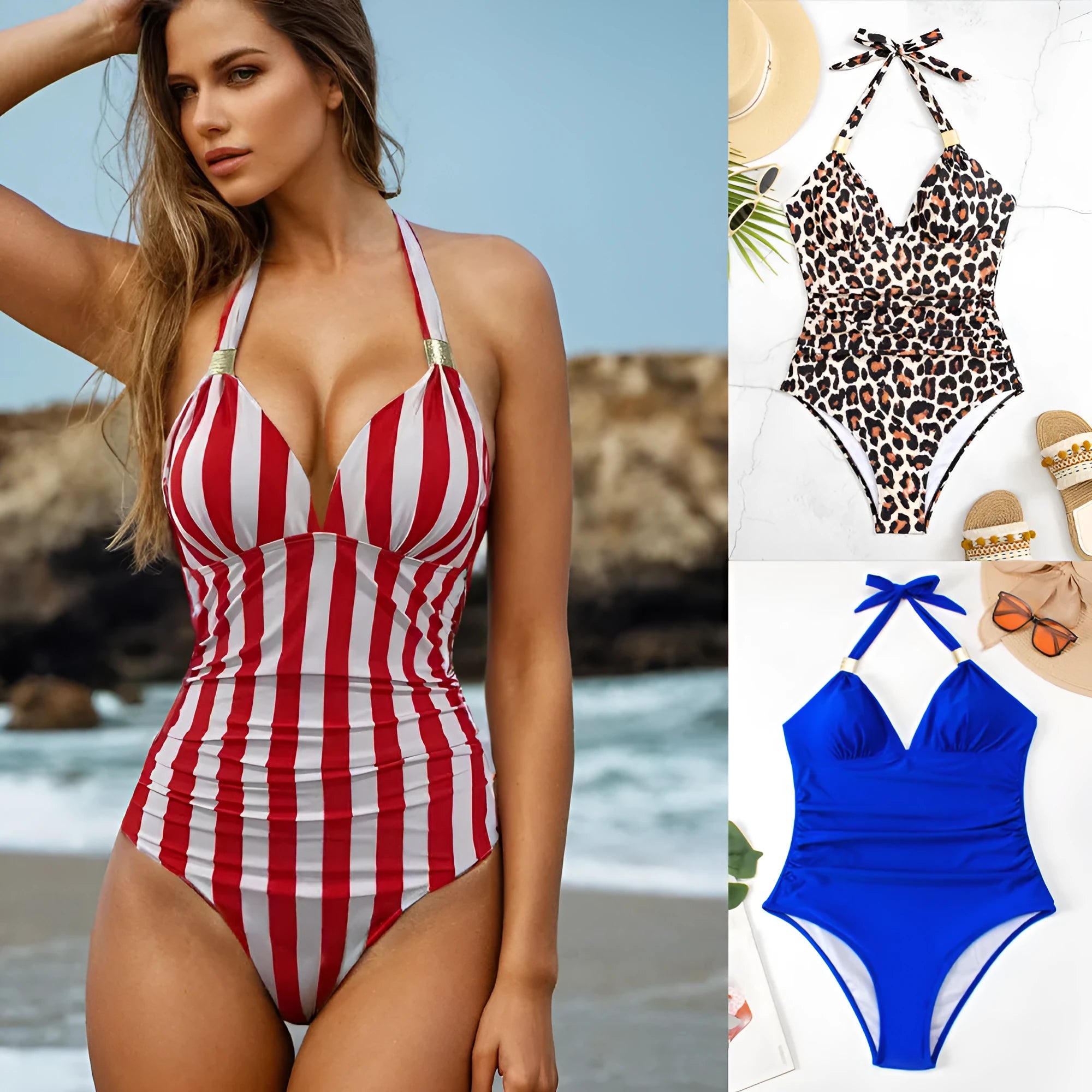 Women's conservative one-piece swimsuit in a quick-dry fabric, shown in a choice of colours and patterns.
