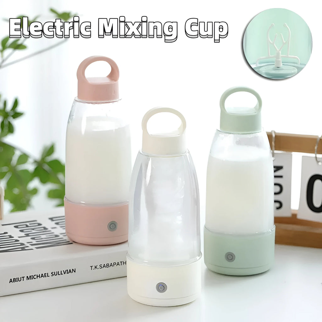 Automatic electric shaker bottle with USB charging port and handle in green, pink, and white colours