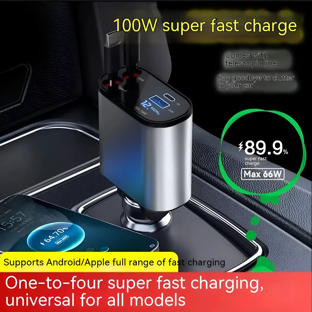 Retractable 4-port car charger for cigarette lighter sockets with QC3.0 fast charging