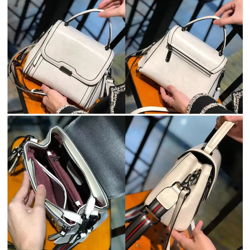 Women's brown genuine leather retro messenger bag with double strap and external pockets.