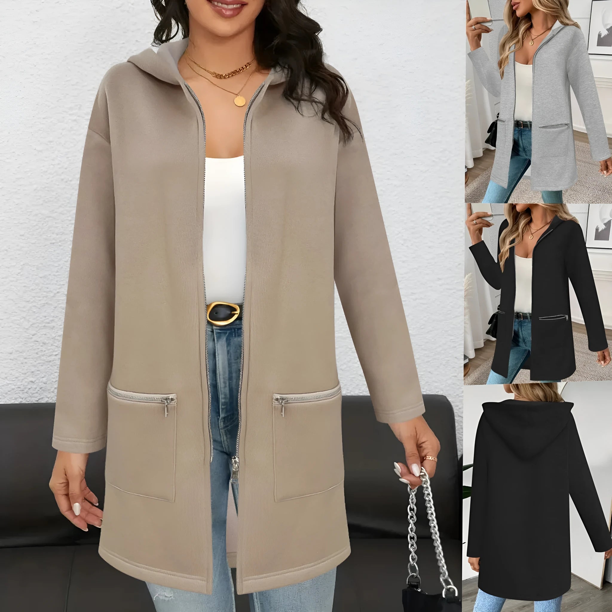 Women's loose fit mid-length cardigan coat in polyester with side pockets