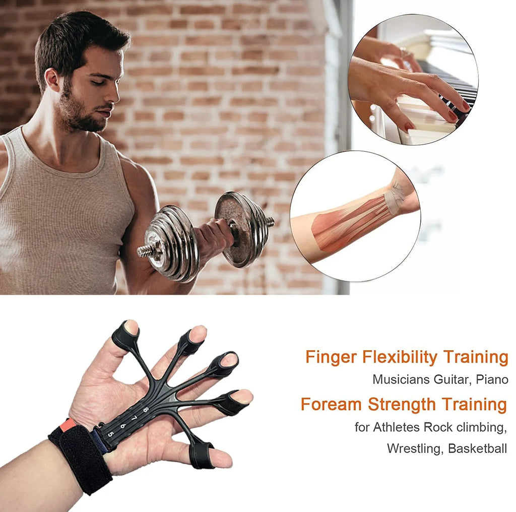 Silicone finger flexion and extension trainer with adjustable belts in black and grey colours