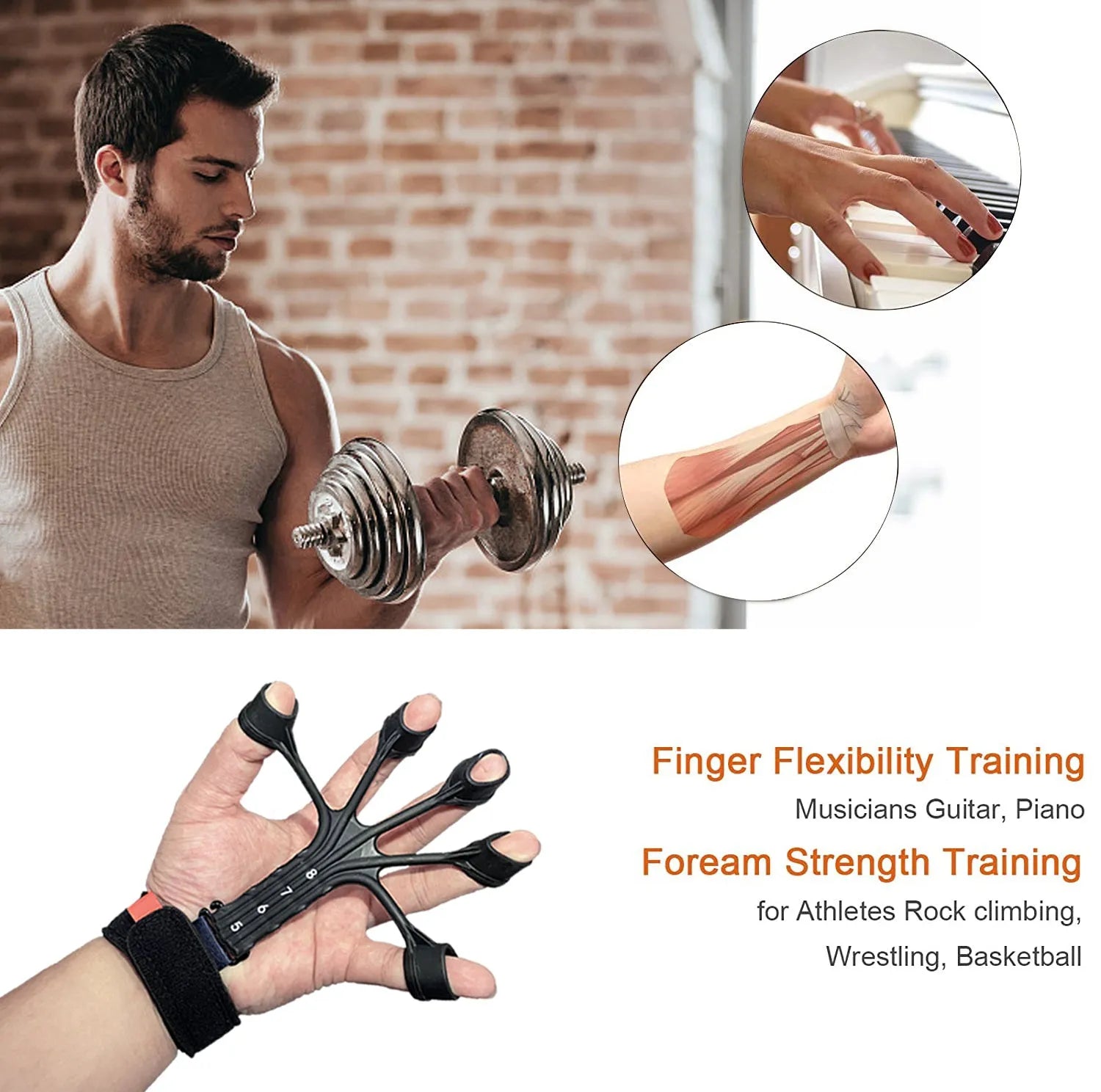 Silicone finger flexion and extension trainer with adjustable belts in black and grey colours