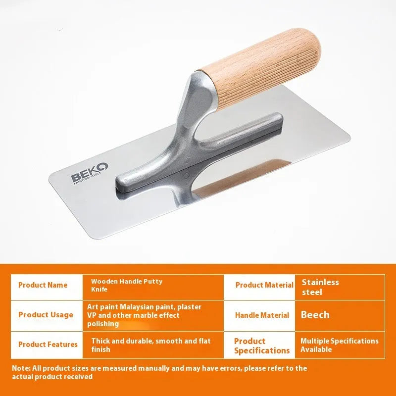 Stainless steel decorative putty scraper with wooden handle for floor and wall finishing work