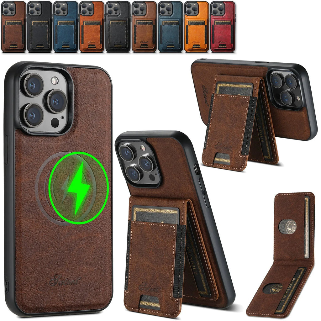 Handmade PU TPU plug-in card phone case with bracket and magnetic suction in lychee black finish