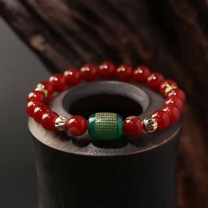 New Chinese Style unisex agate bracelet with Guanyin bead and auspicious patterns in green or red.
