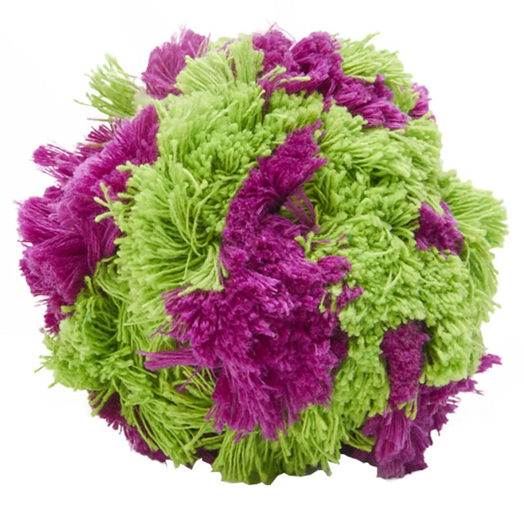 Purple plush dog chew toy with seaweed ball knot design measuring 15cm diameter