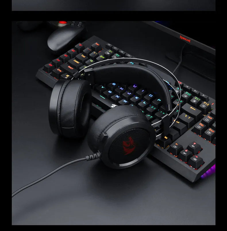 Black wired computer gaming headset with 3.5mm plug and 2-metre cable