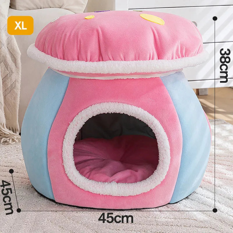 Grey mushroom-shaped plush cat bed on a wooden floor
