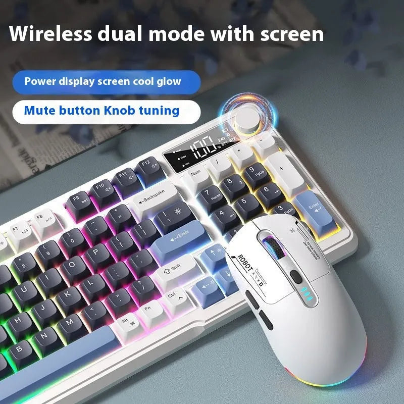 Wireless blue and white mechanical feel keyboard and mouse set on a desk with a Type-C cable.