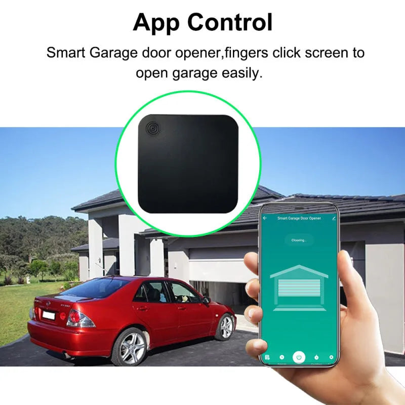 Black plastic WiFi garage door controller with remote smartphone app and voice control.