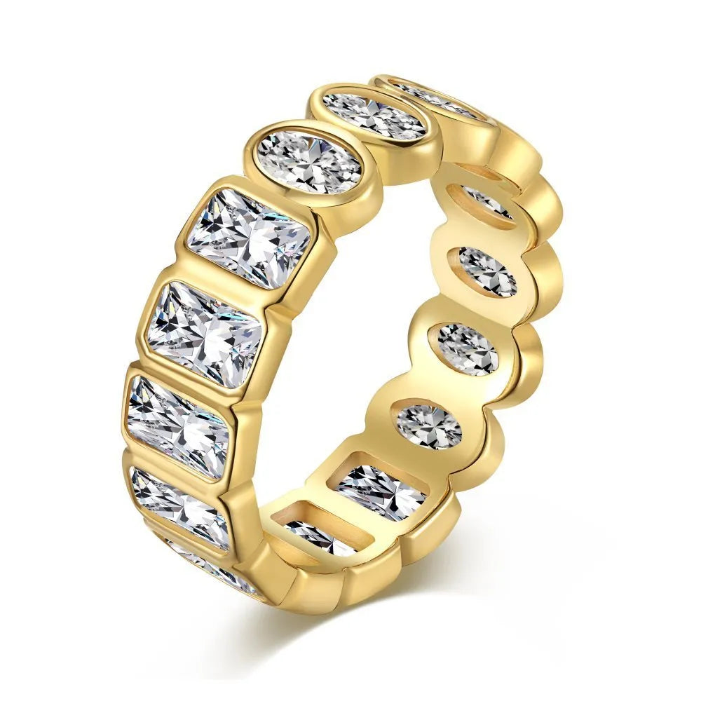 S925 sterling silver geometric stackable ring with full diamond oval rectangular surface on white background
