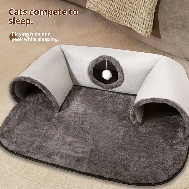 U-shaped cat tunnel channel rolling dragon bed in gray cloth with removable washable cover, large size
