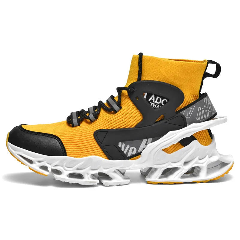 Ultra-light shock-absorbing running blade fly-knit sneakers in black, mid-top lace-up men's sports shoes