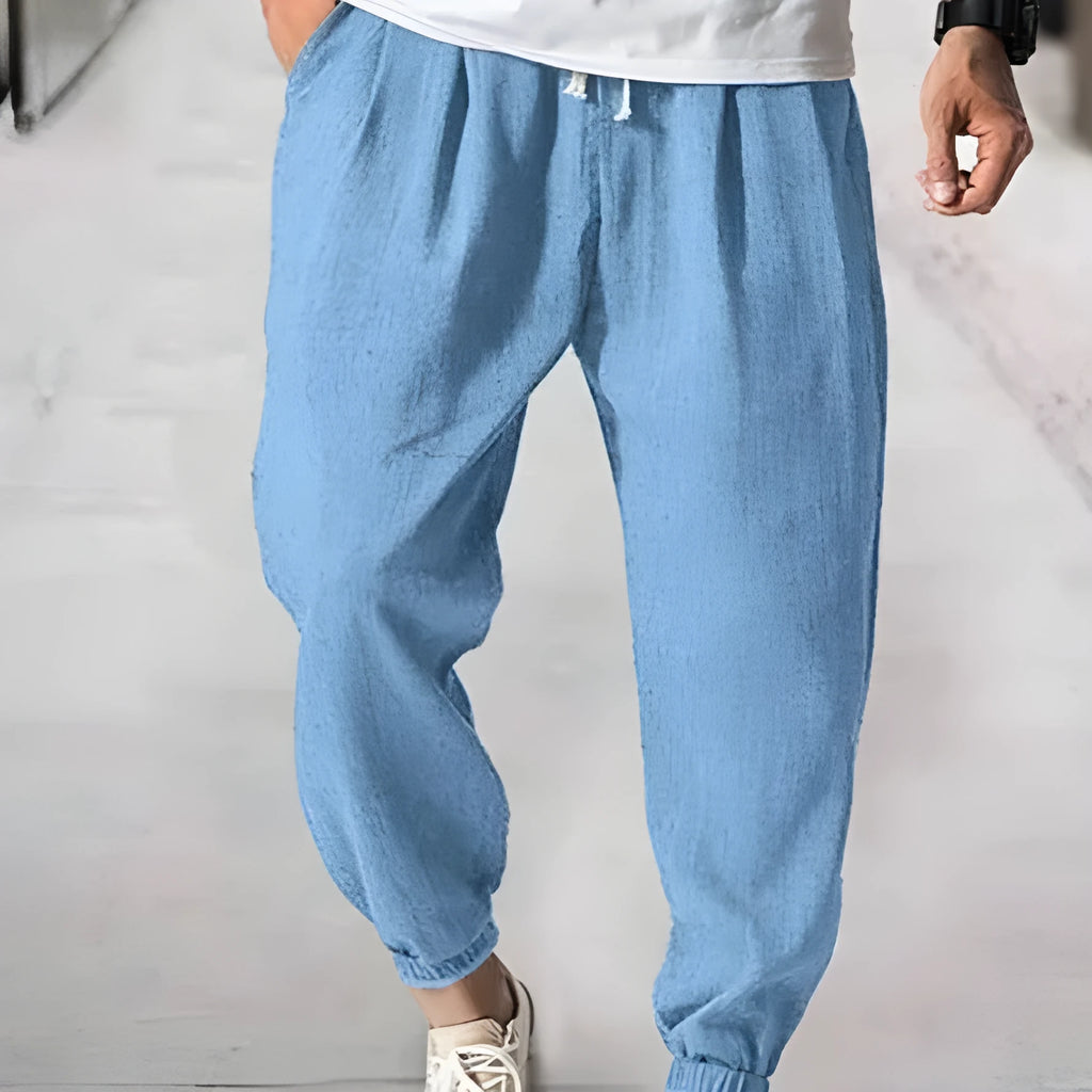 Men's casual loose cotton summer pants with ankle banded cuffs in various colours