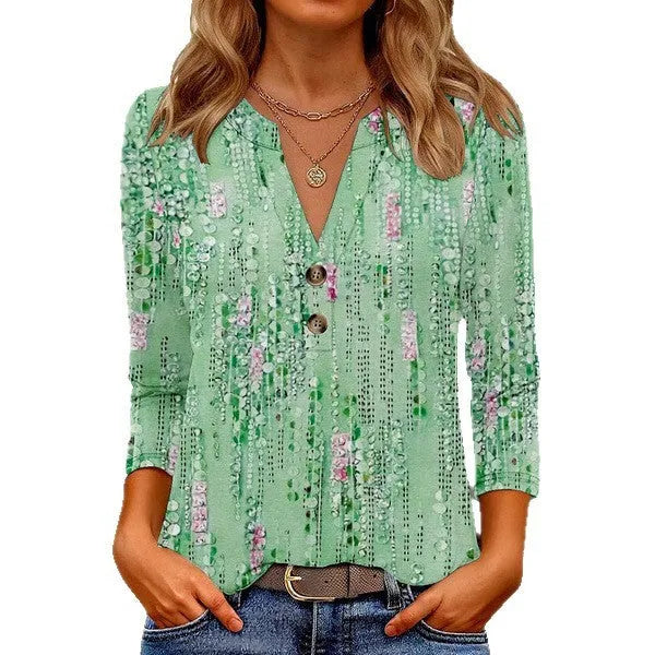 Women's casual V-neck top with 3D printed pattern in loose Japanese-Korean style