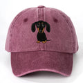 Retro washed navy blue baseball cap with a detailed embroidered dachshund dog print on the front.