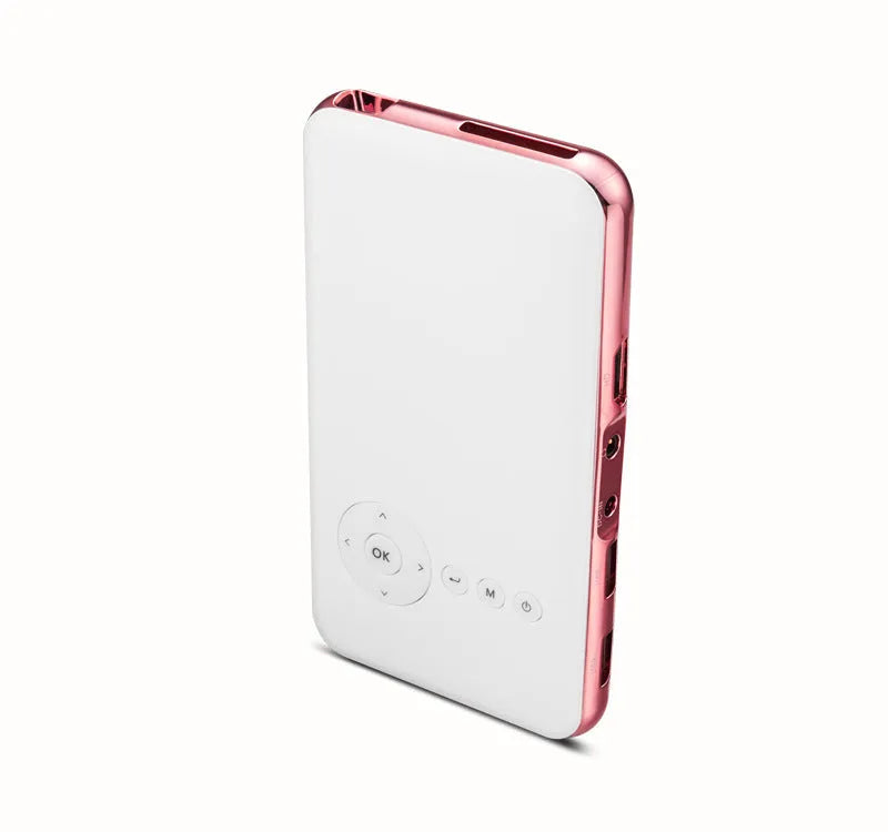 White and rose gold miniature portable smart DLP Android projector showing compact size.