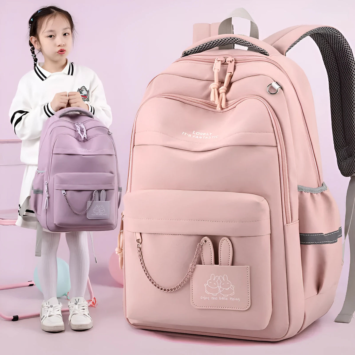 Nylon school backpack 30x21x43cm with letter pattern, available in pink, black, orange, and purple.
