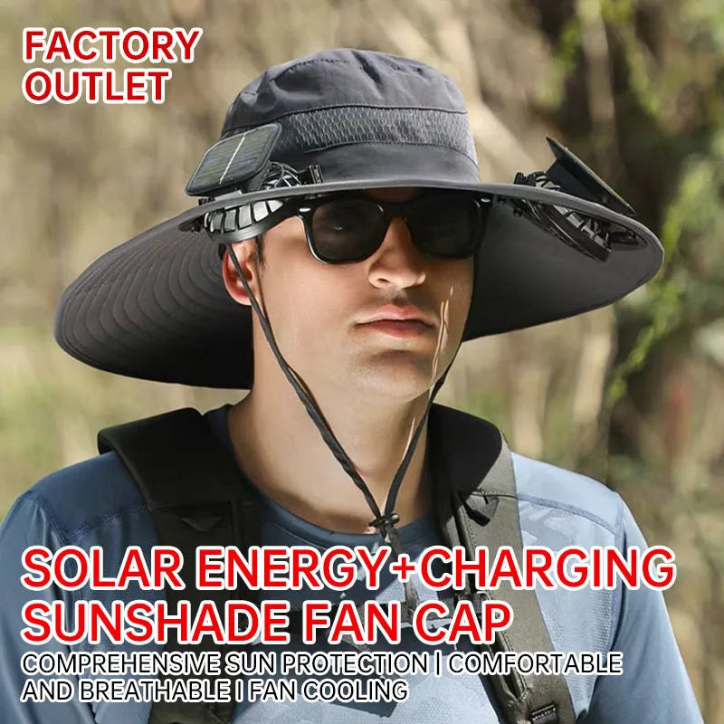 Solar-powered fan hat with adjustable brim and built-in cooling fan for outdoor use