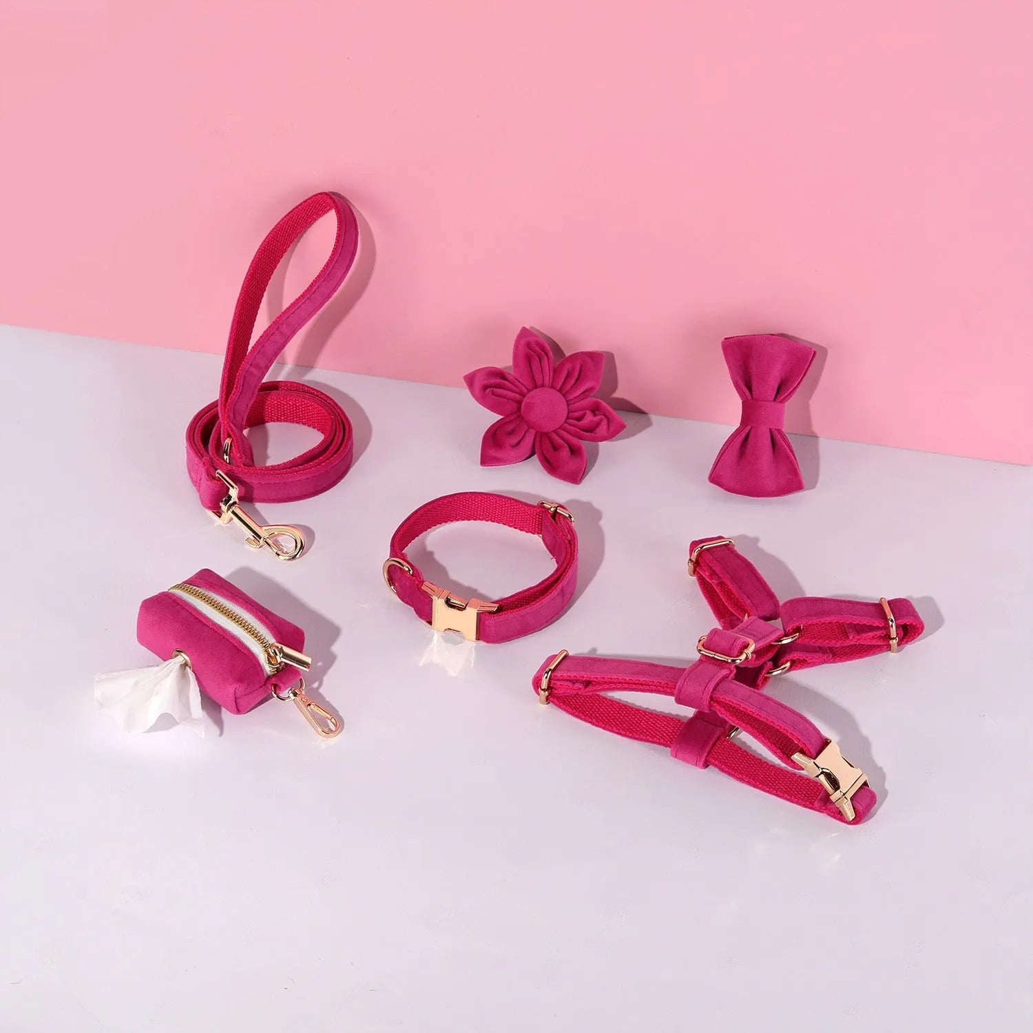 Soft velvet dog collar and leash set with chest strap, bow tie, and flower in assorted colours.