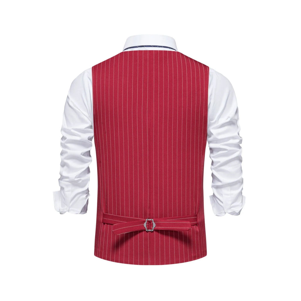 Men's striped suit vest in polyester with non-ironing fabric, shown in a red striped colour option.