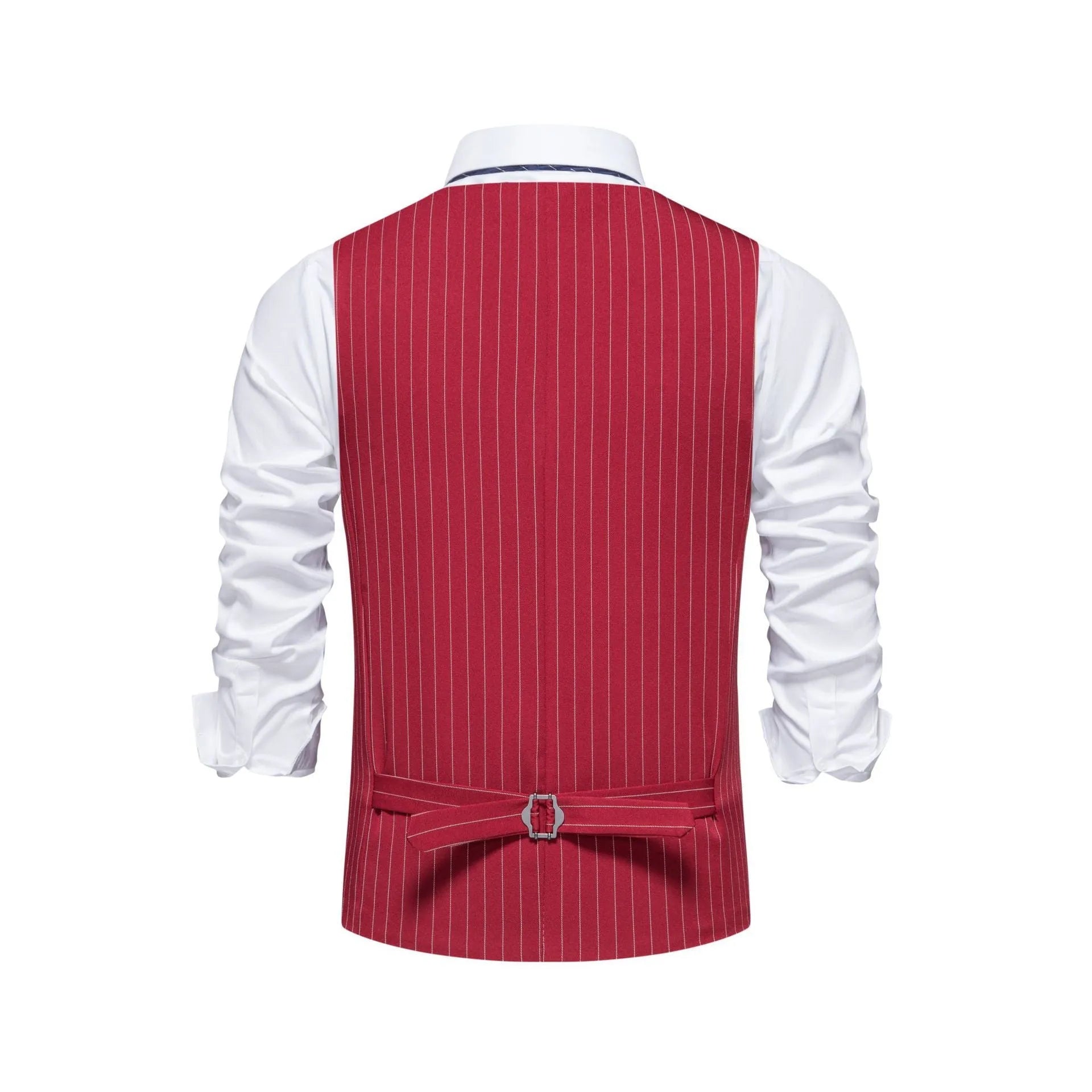 Men's striped suit vest in polyester with non-ironing fabric, shown in a red striped colour option.