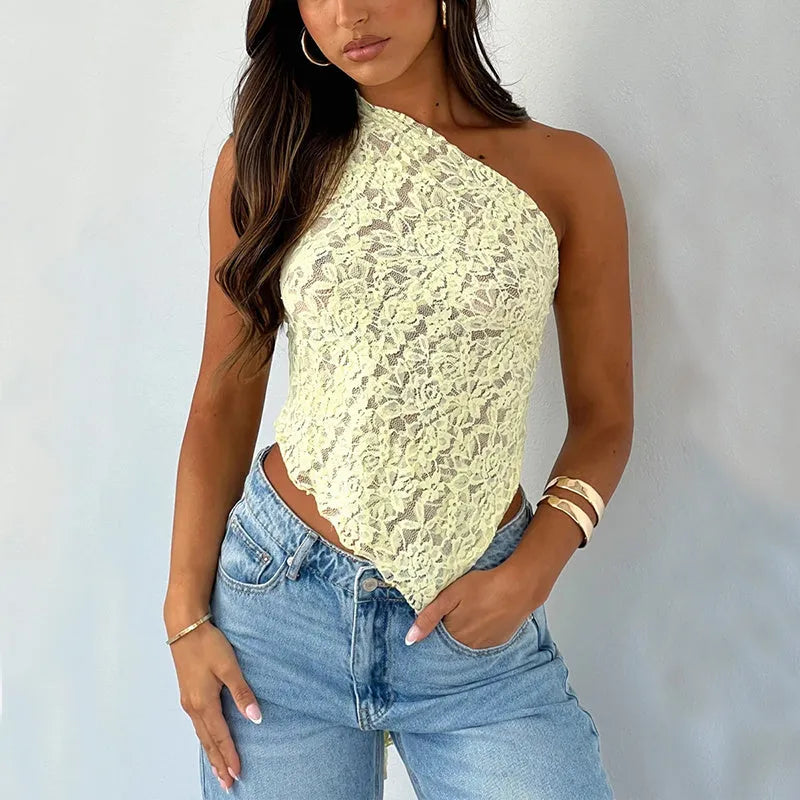 Women's apricot sleeveless vest with lace detail on back and asymmetrical neckline.