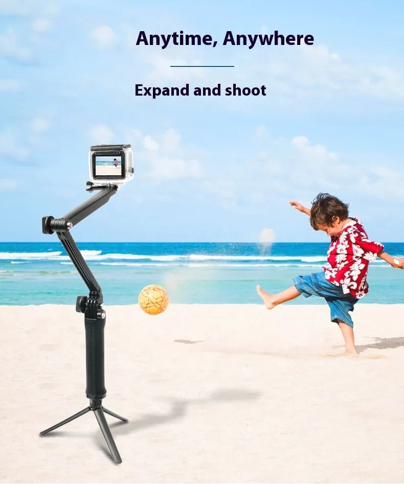 Black portable folding tripod stand for GoPro Hero action cameras.
