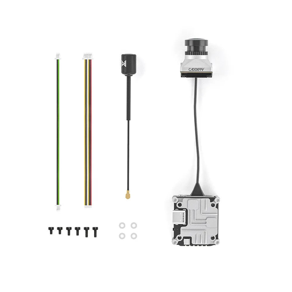 Silver DJI FPV digital transmission unit with Caddx adapter compatibility and mounting hardware