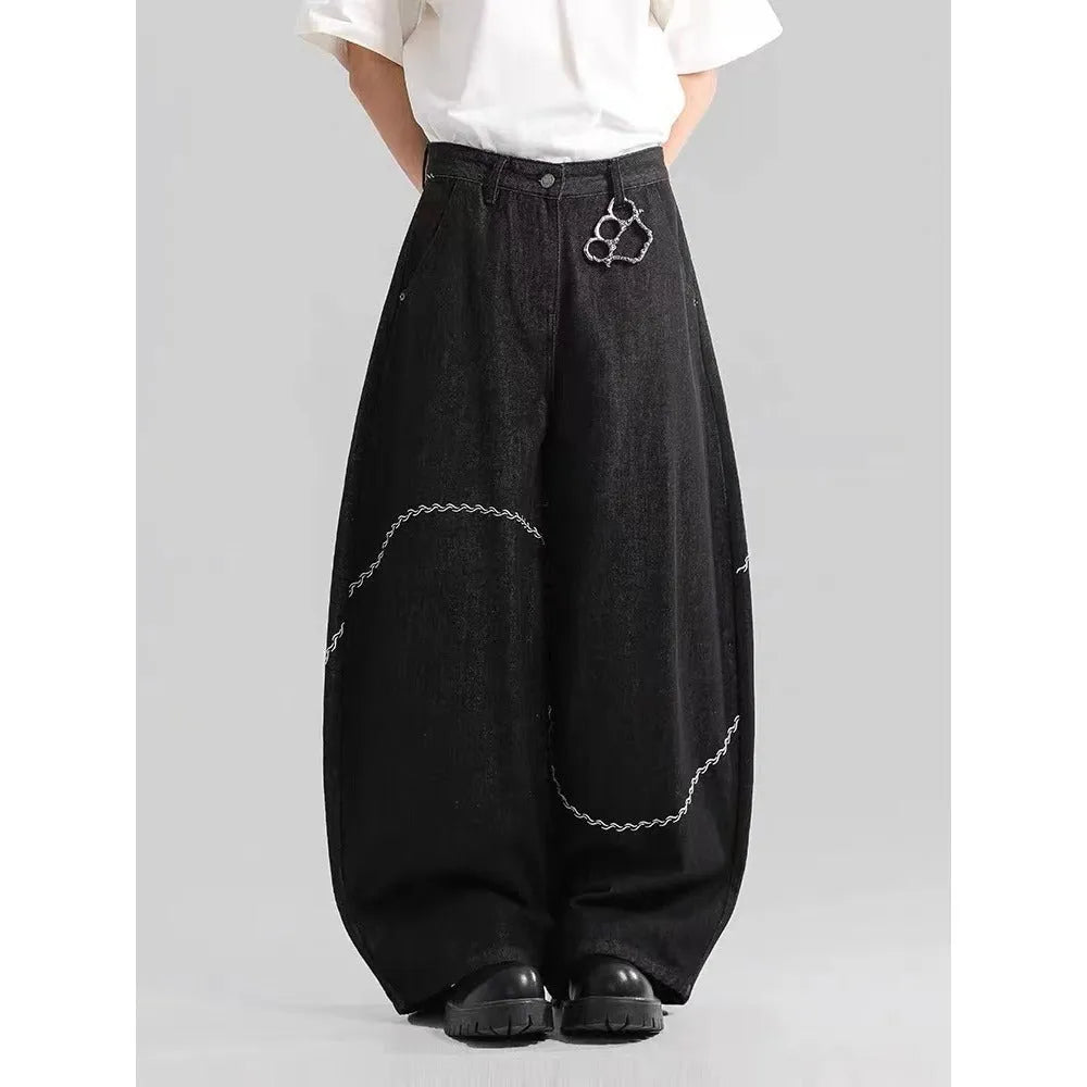 Black straight-leg denim trousers with mid-waist zip placket for autumn winter streetwear