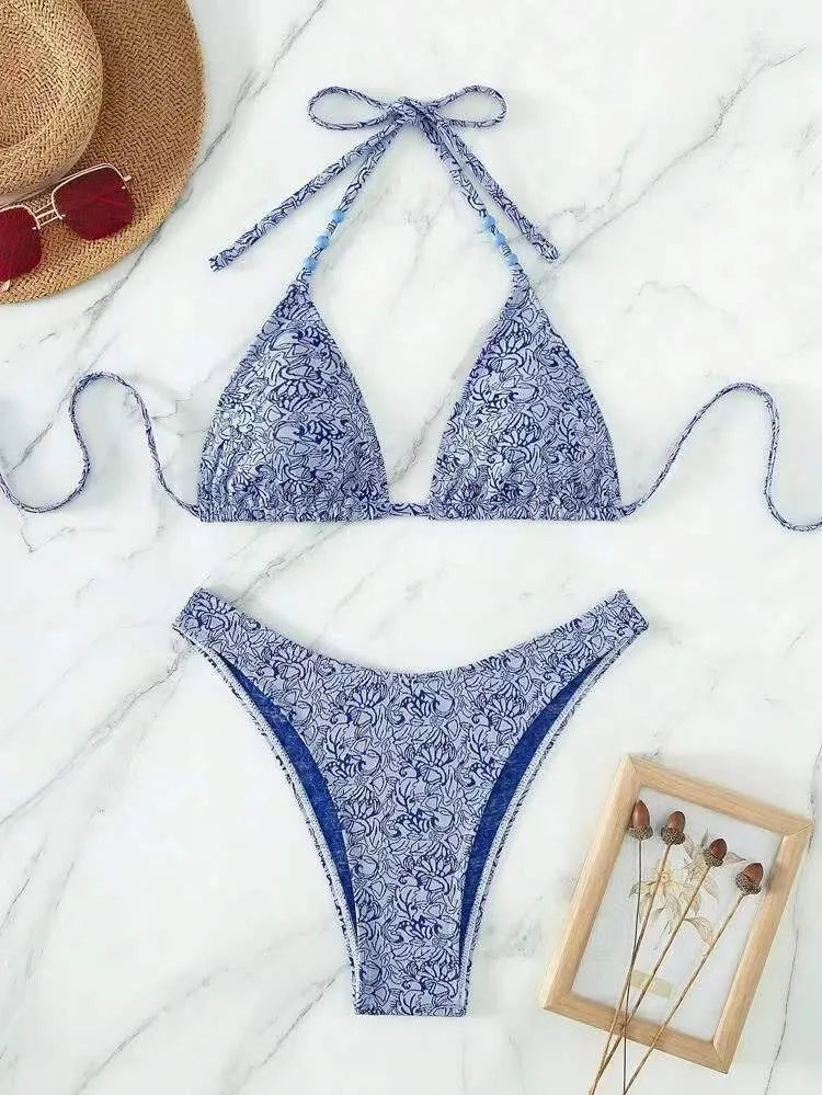 Women's floral halter bikini set with matching shorts in red, sky blue, sapphire blue or emerald green