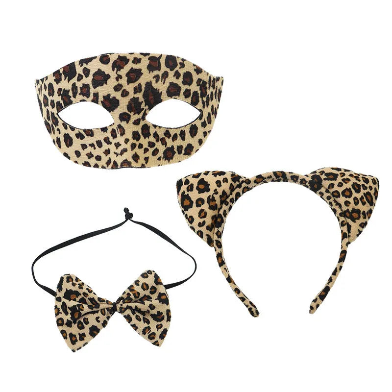 Leopard print half face plastic mask and matching headband set for Halloween costume