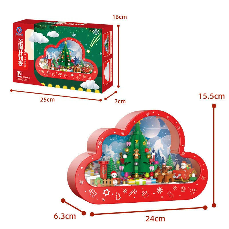 Assembled building block cloud night lamp with LED lights and decorative mirror frame showing fairy tale Christmas tree design