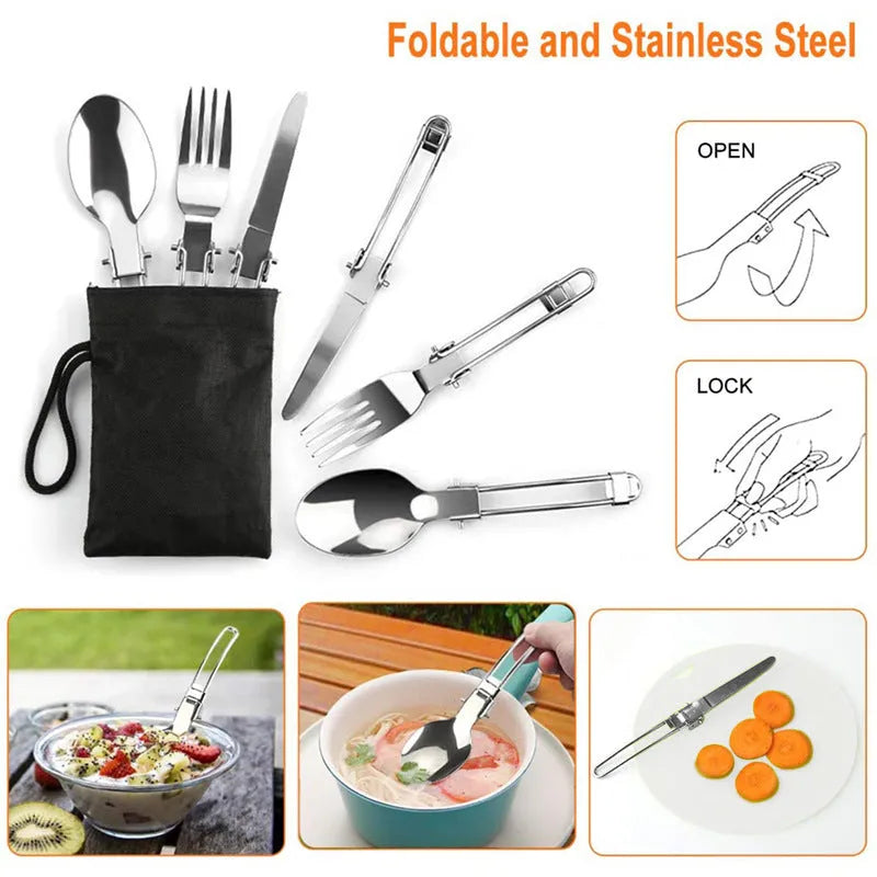 Folding camping pot set for 2-3 people in aluminium alloy, shown as a portable mini cookware kit in green, black, or orange.