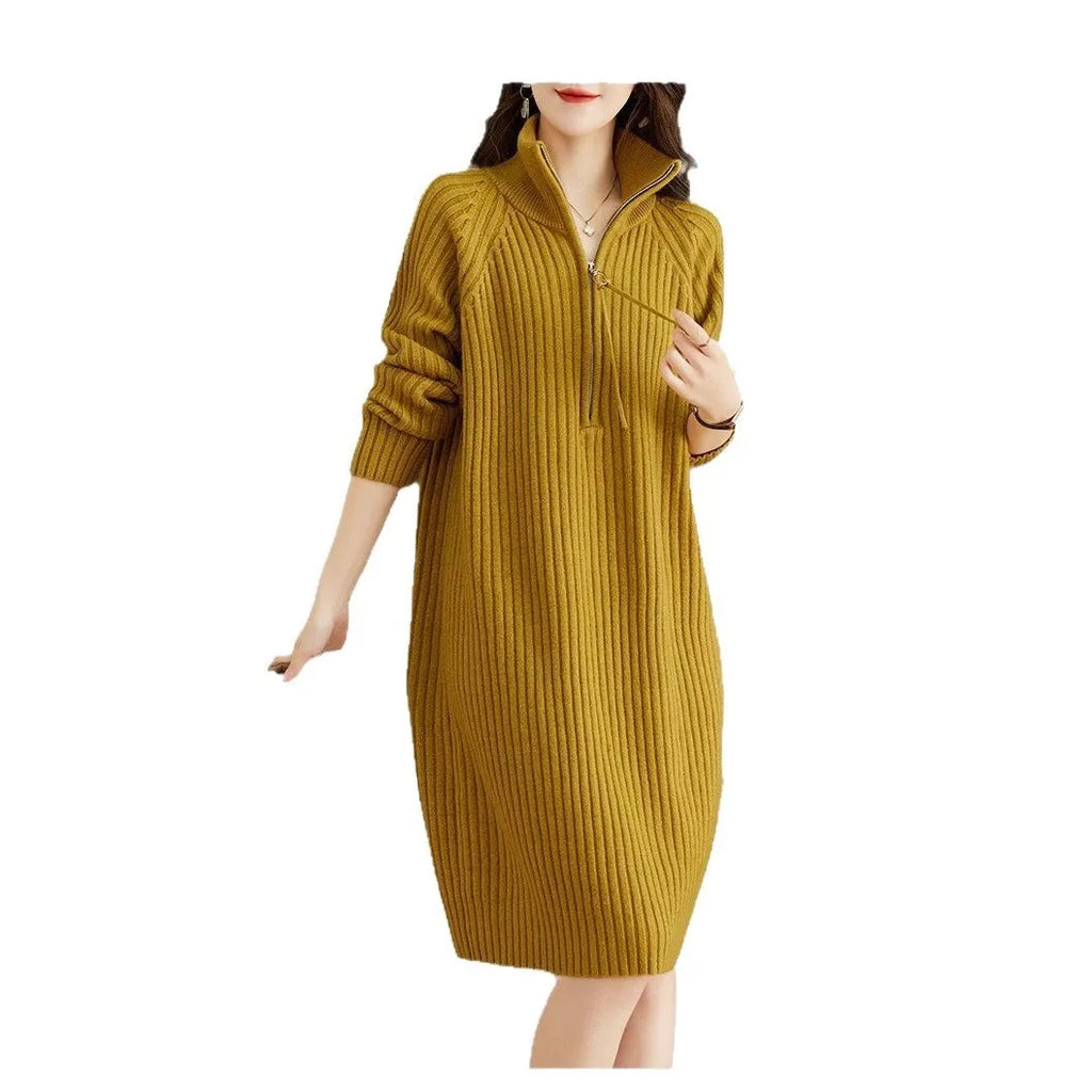 Beige half zip long sleeve midi skirt with a stand collar and straight silhouette