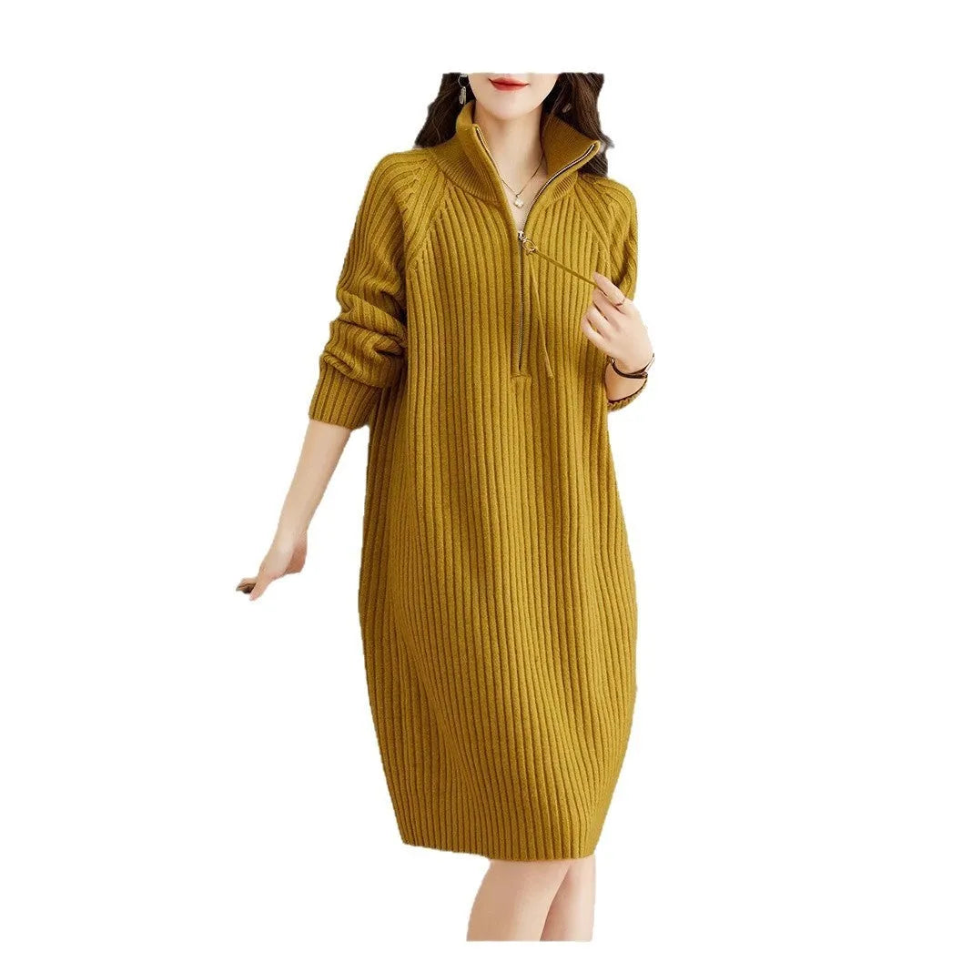 Beige half zip long sleeve midi skirt with a stand collar and straight silhouette