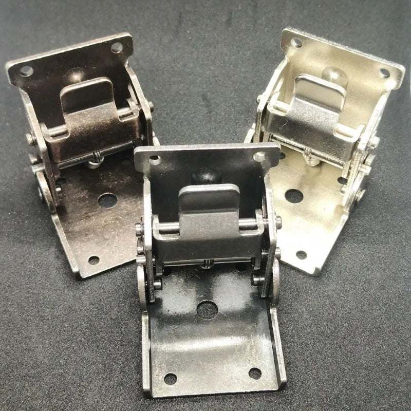 A metal furniture folding hinge with an electroplated finish, shown in a 90-degree open position.