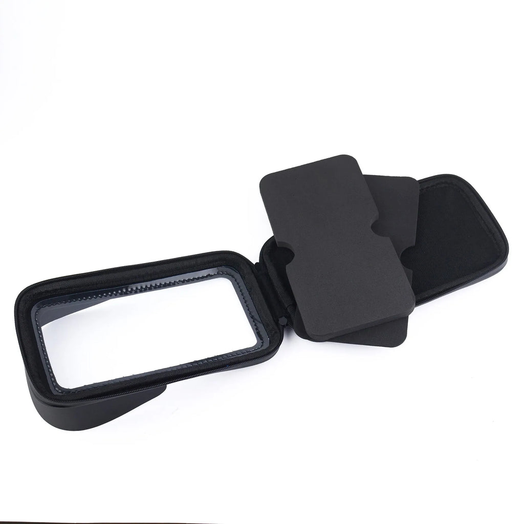 Black bicycle waterproof phone bag bracket mounted on handlebars, showing PU leather construction and sun visor.