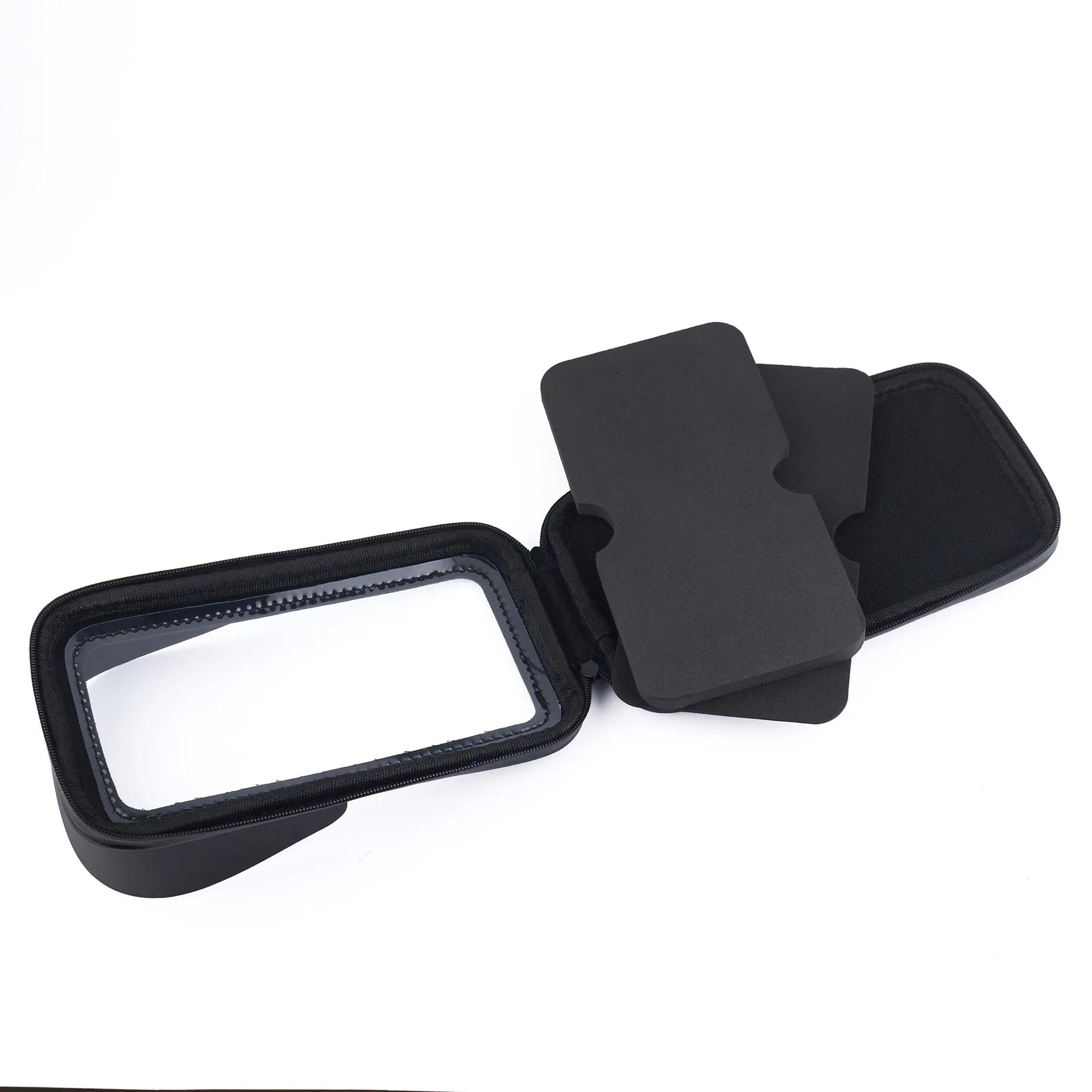 Black bicycle waterproof phone bag bracket mounted on handlebars, showing PU leather construction and sun visor.