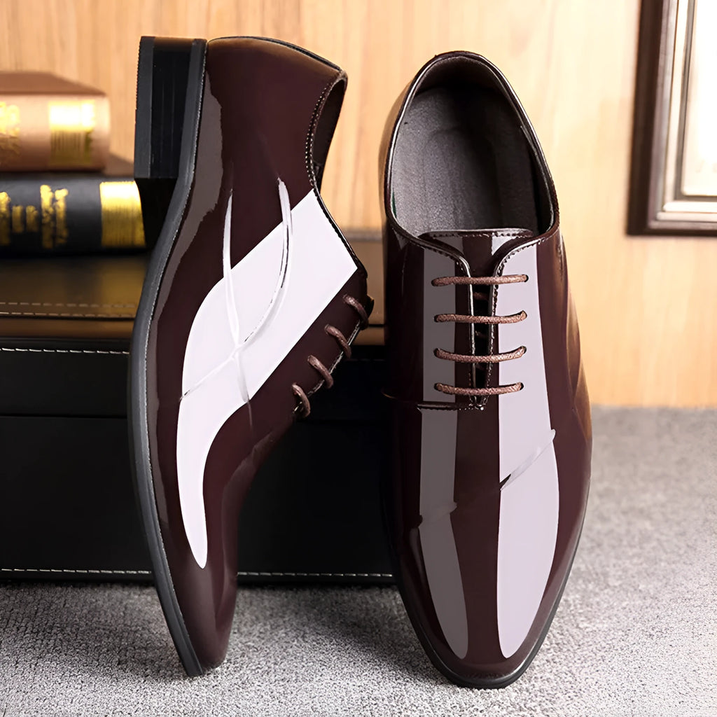 Men's black and brown business formal shoes with pointed toe design in artificial PU material