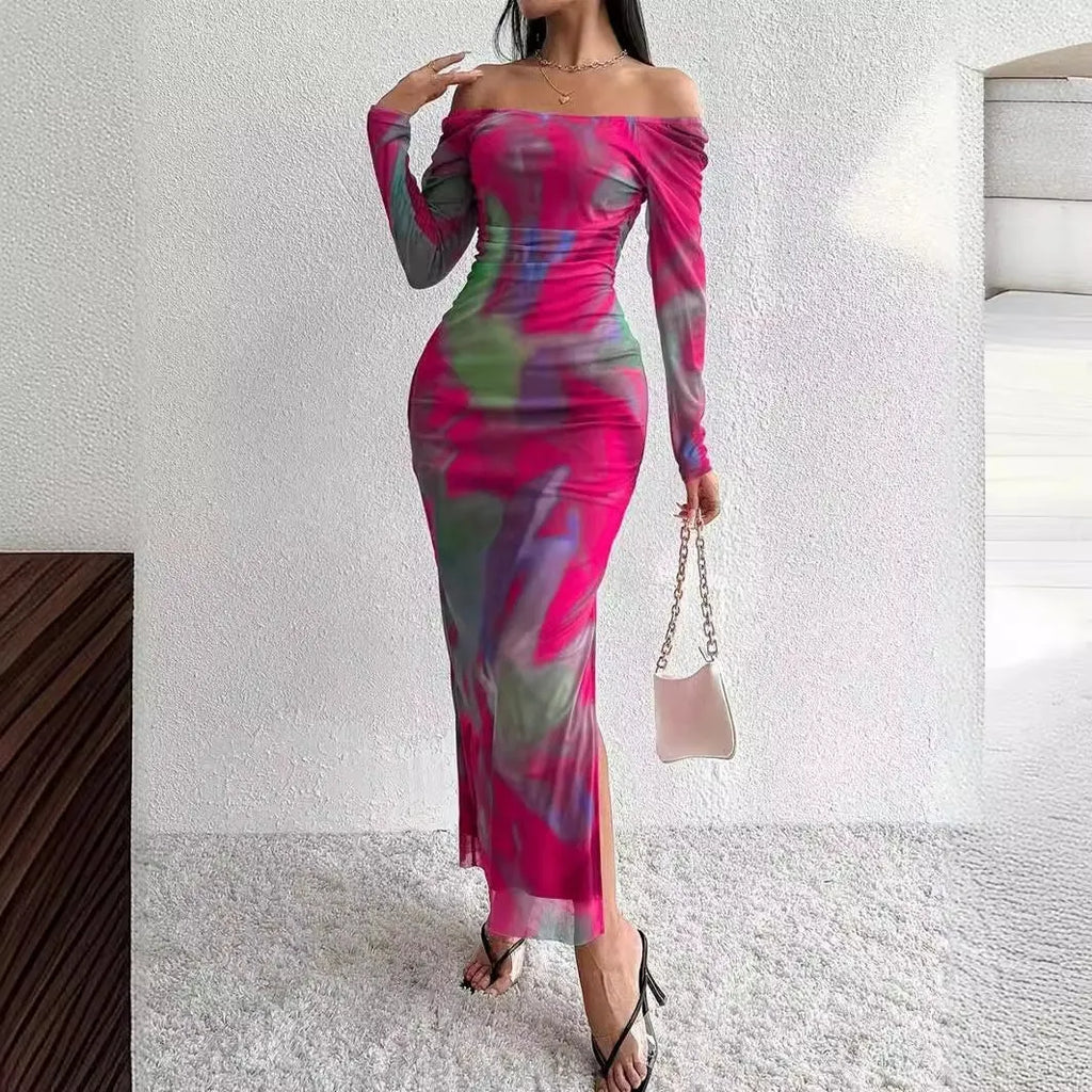 Women's printed pleated fishtail dress with gradient colour mesh fabric and square collar