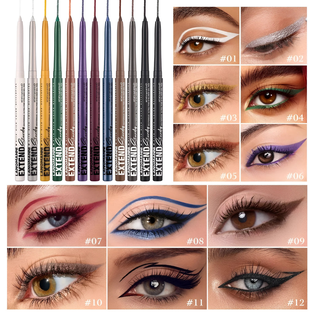 12 colourful gel glitter eyeliner pencils in waterproof formula with matte, glitter, metallic and pearl finishes