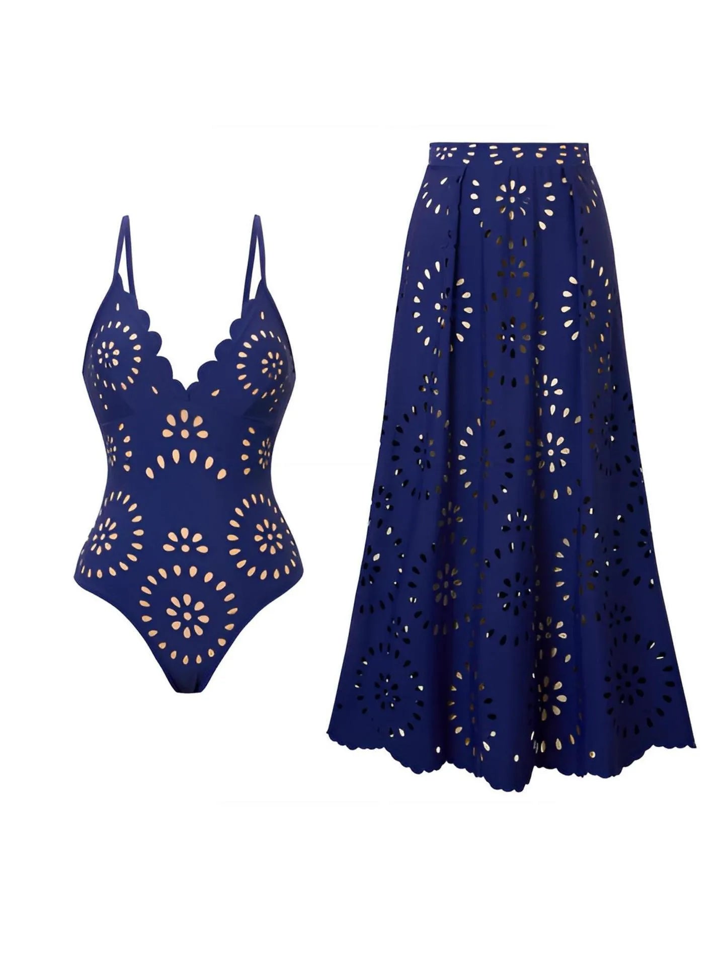 Women's polyester spandex one-piece swimsuit and dress set in black for swimming and wading