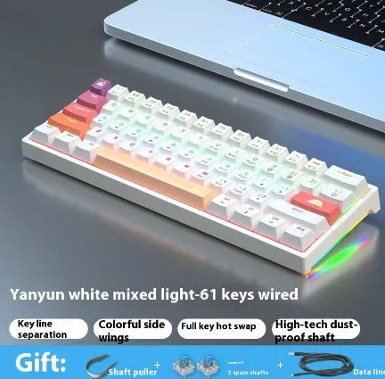 Small 61-key wired mechanical keyboard with hot-swappable sockets in blue and white colour scheme