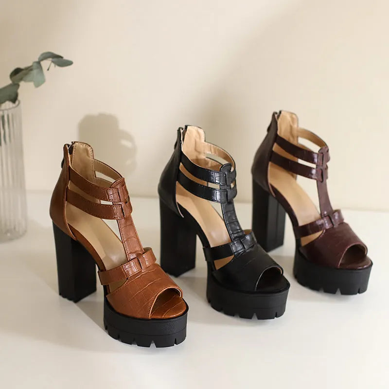 Women's platform high heel sandals with back zipper in yellow, black, and wine red colours