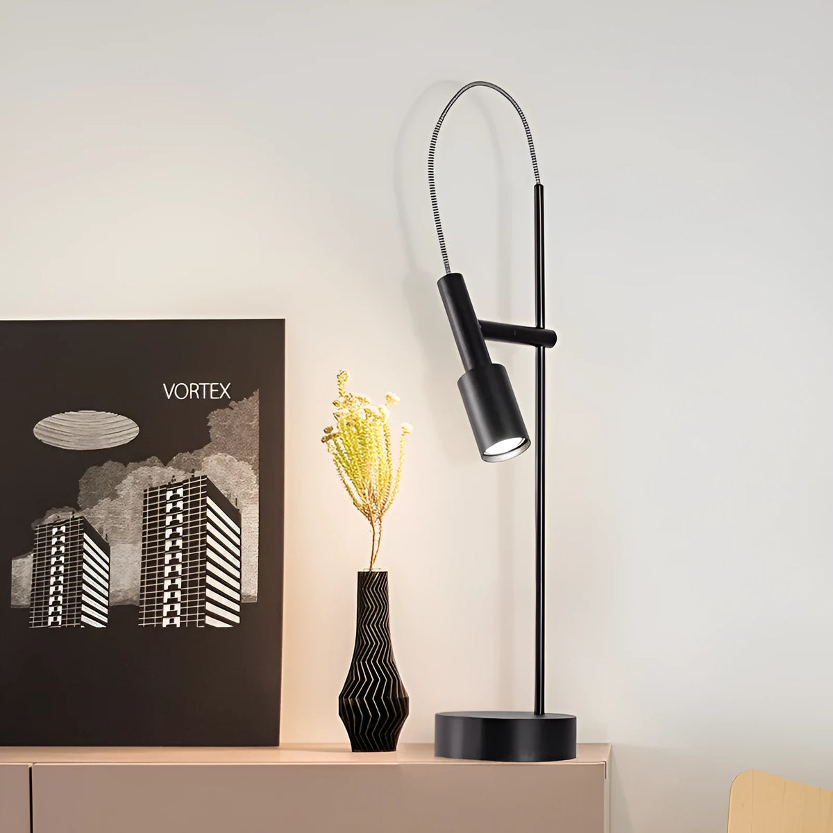 Rotating wrought iron bedside table lamp with G9 5W light source, available in sand black, sand nickel, or natural copper.