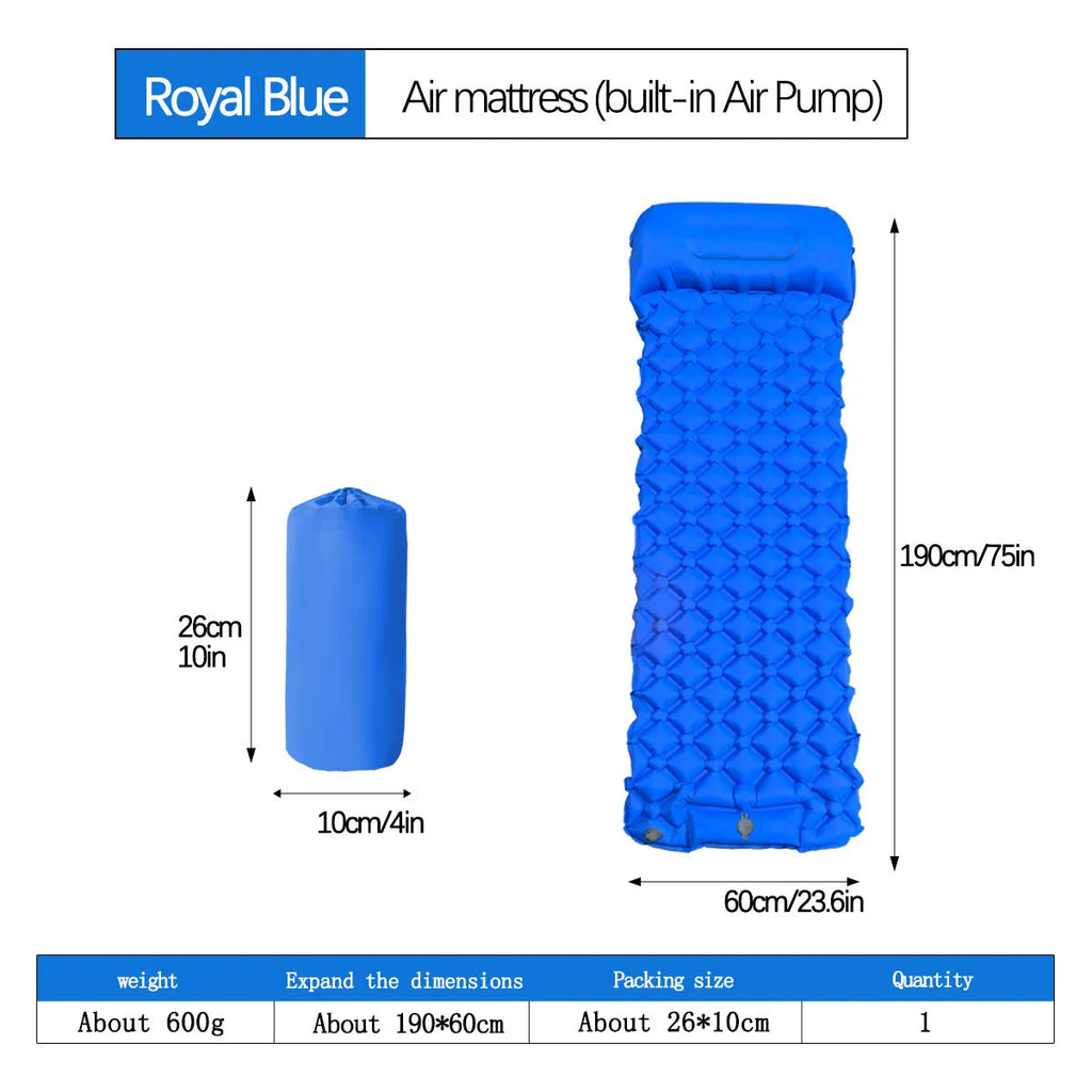 Single TPU inflatable mattress 190x60x5cm with foot pillow, shown in orange, blue, grey, or green