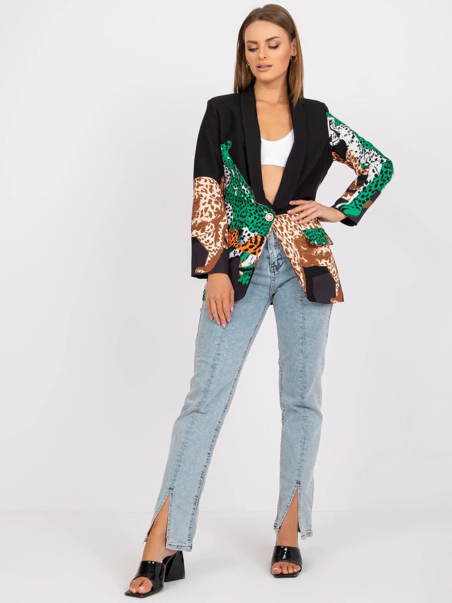 Leopard print contrast colour slim fit long suit jacket for women, 65cm, with pocket, black colour