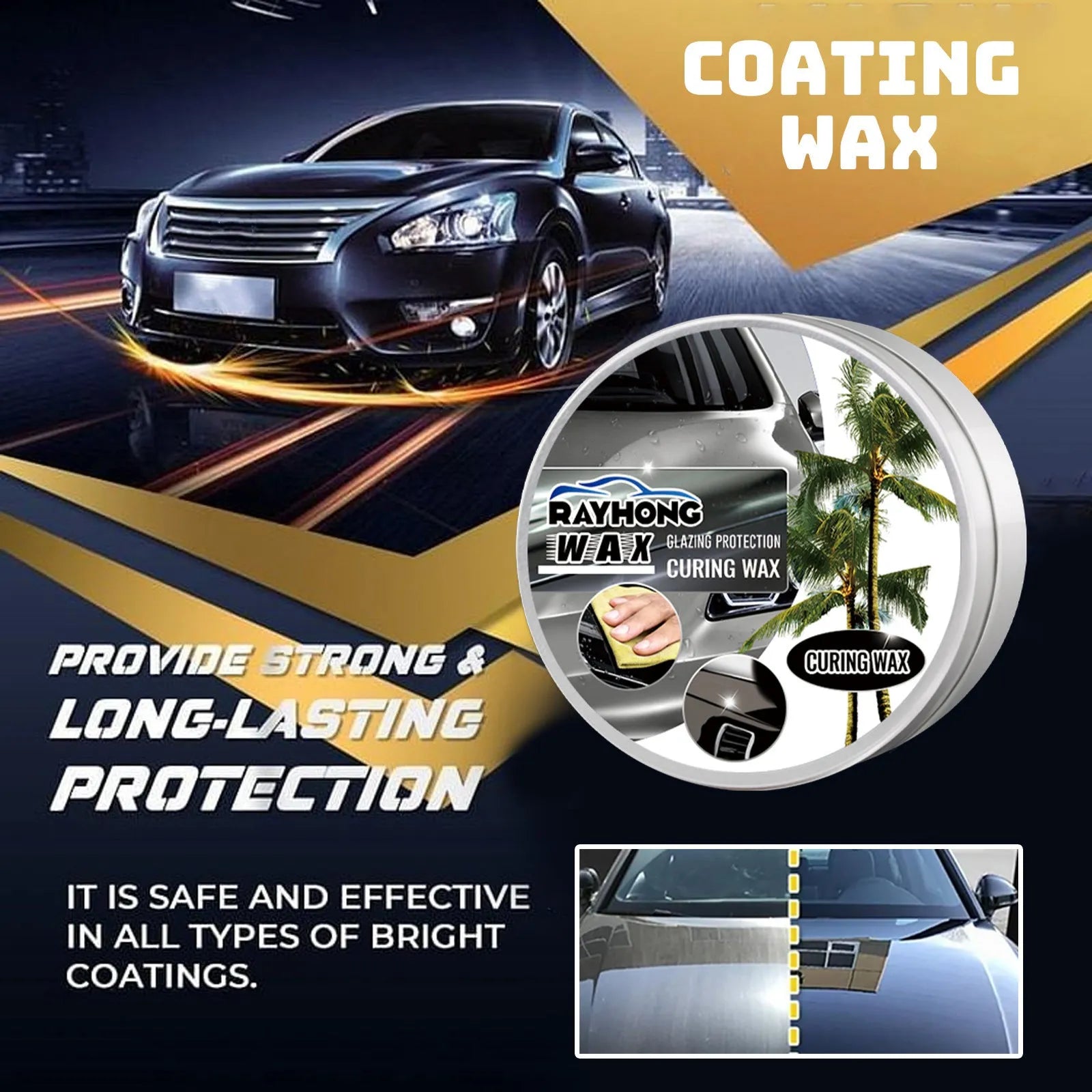 Car coating wax block and sponge applicator for paint protection, showing 8.7cm wax and 6.6cm sponge